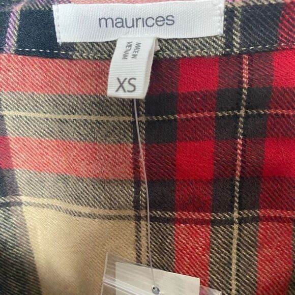 Maurices XS Plaid Flannel Button Down Shirt Tan Red NWT - Picture 4 of 4
